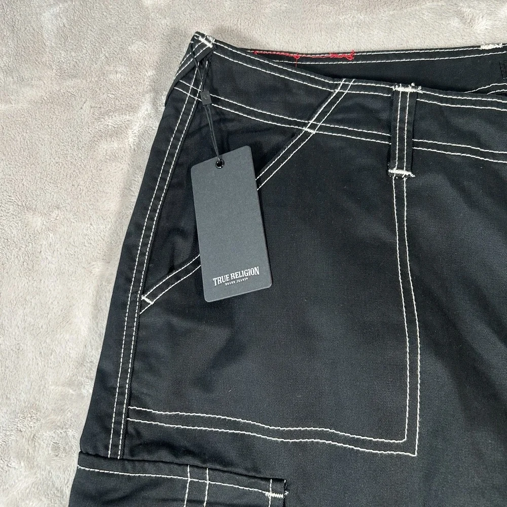 True Religion Bobby Baggy Cargo Pants Mens 38x32 Black Contrast Stitch Y2K VTG